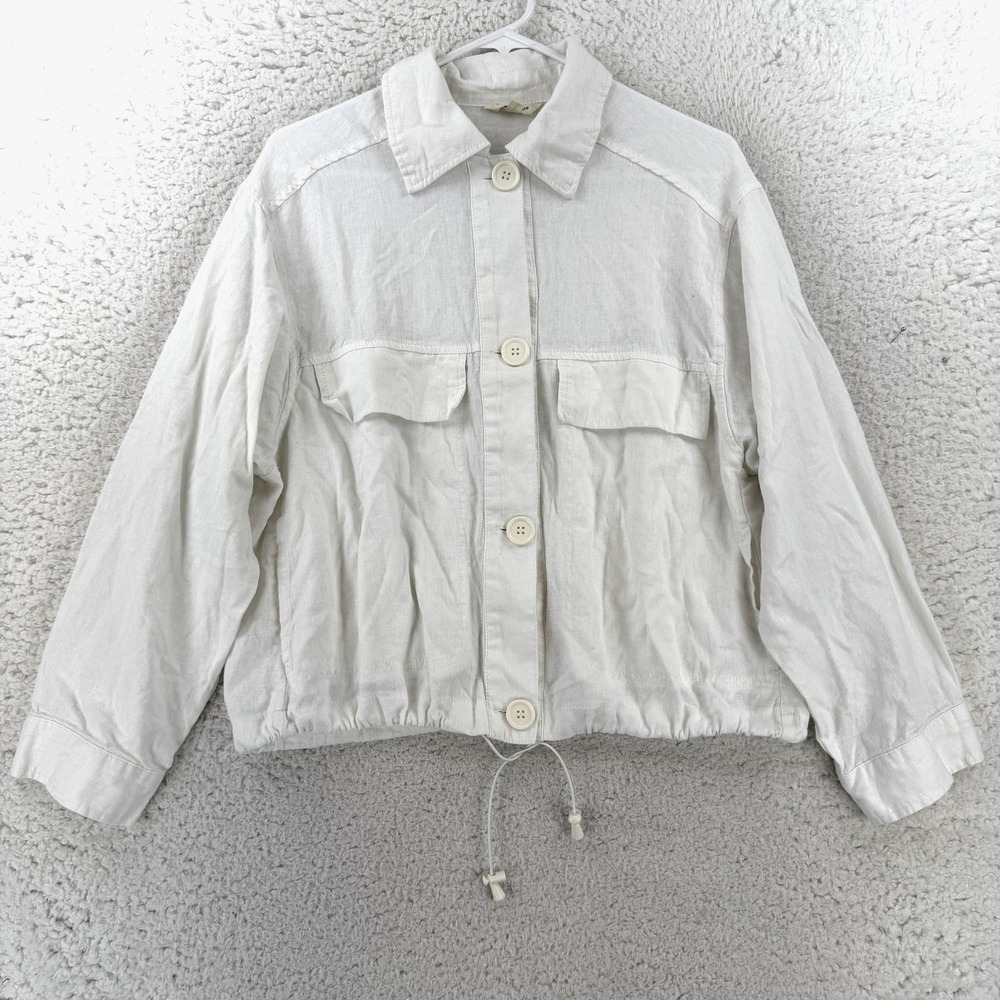 Max Studio Jacket Womens Large White Linen Blend Button Drawstring 4703L25